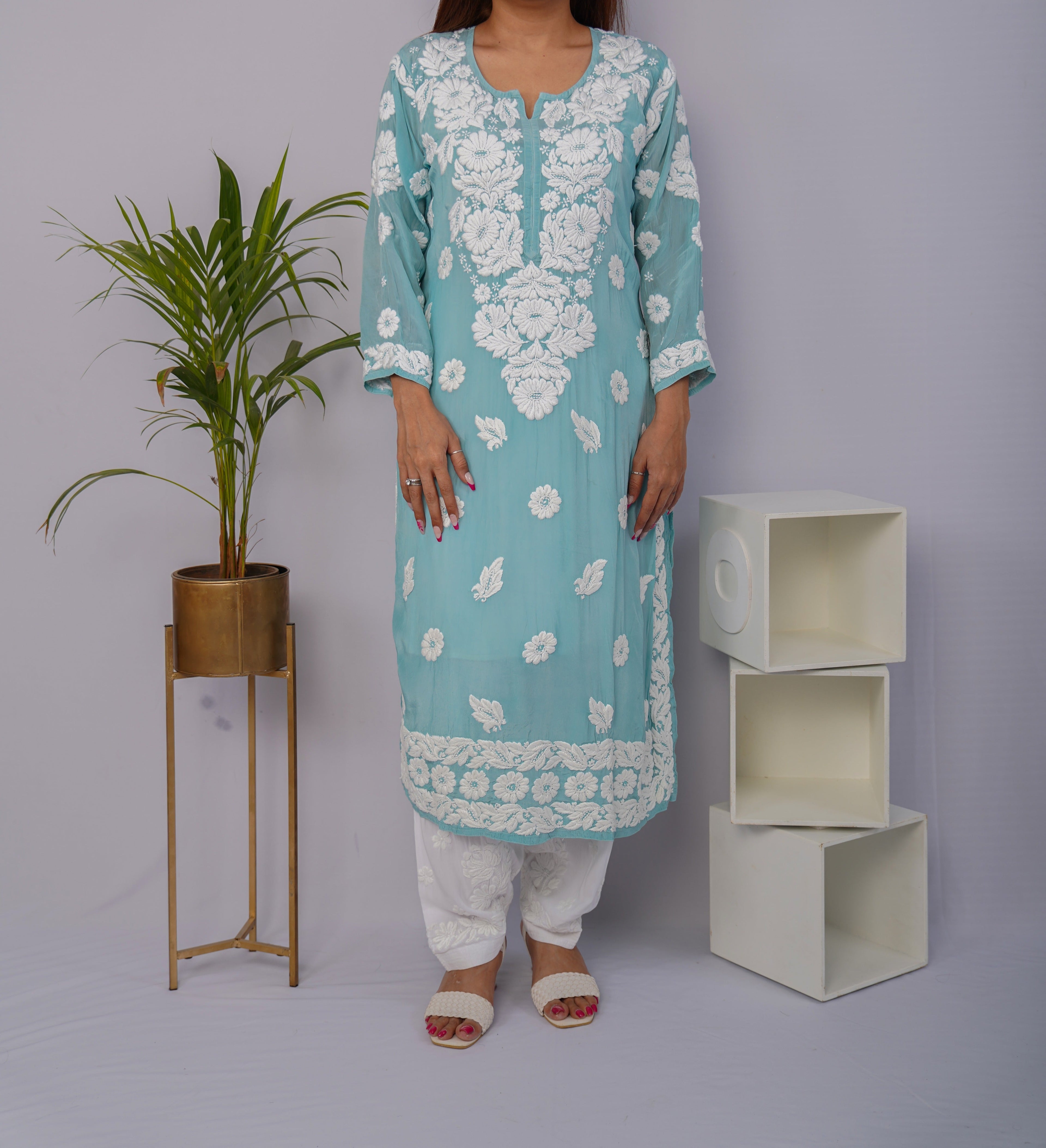 Stunning Turquoise Blue Pure Crepe Kurti with Heavy Chikankari Handwork