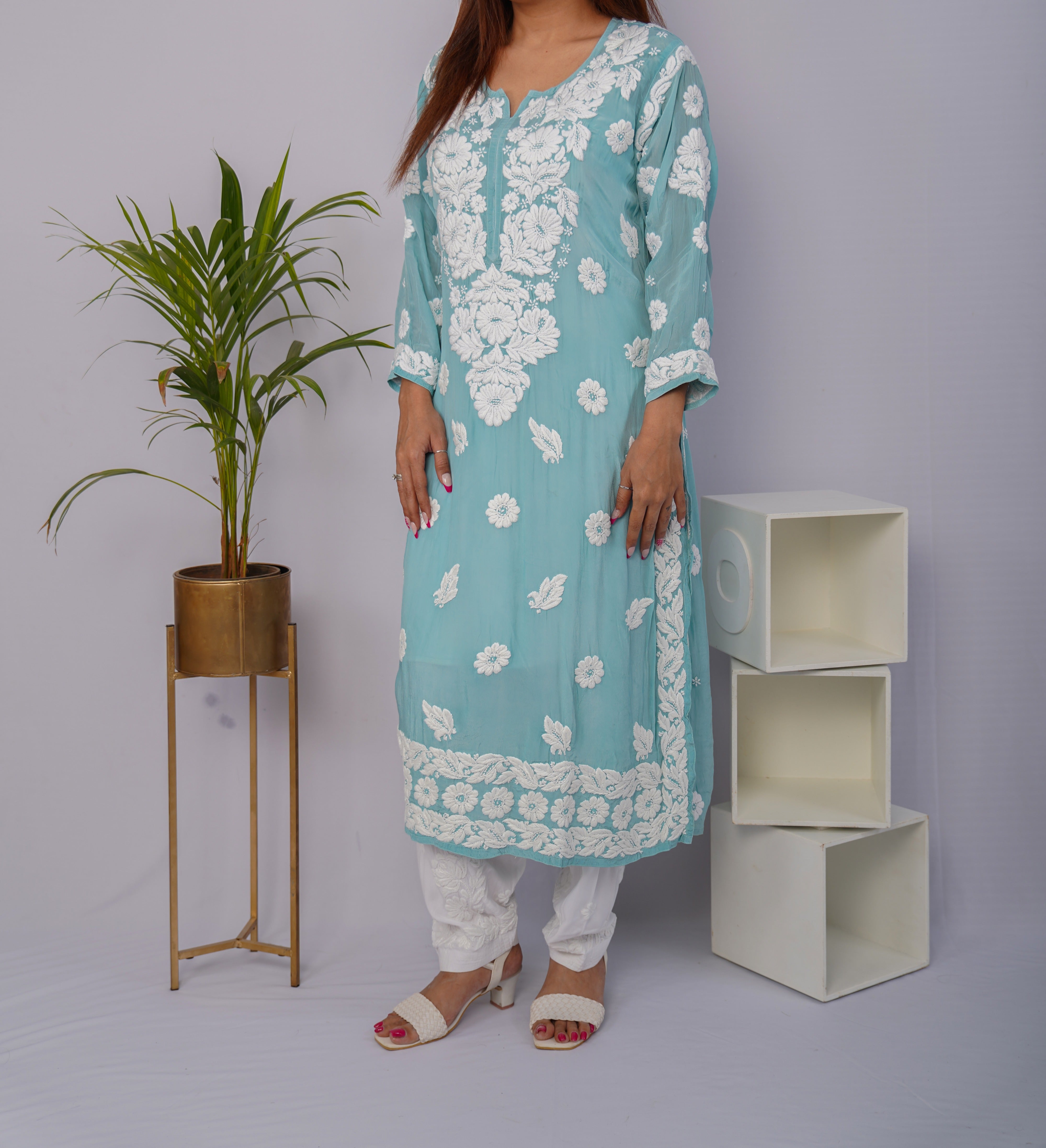 Stunning Turquoise Blue Pure Crepe Kurti with Heavy Chikankari Handwork