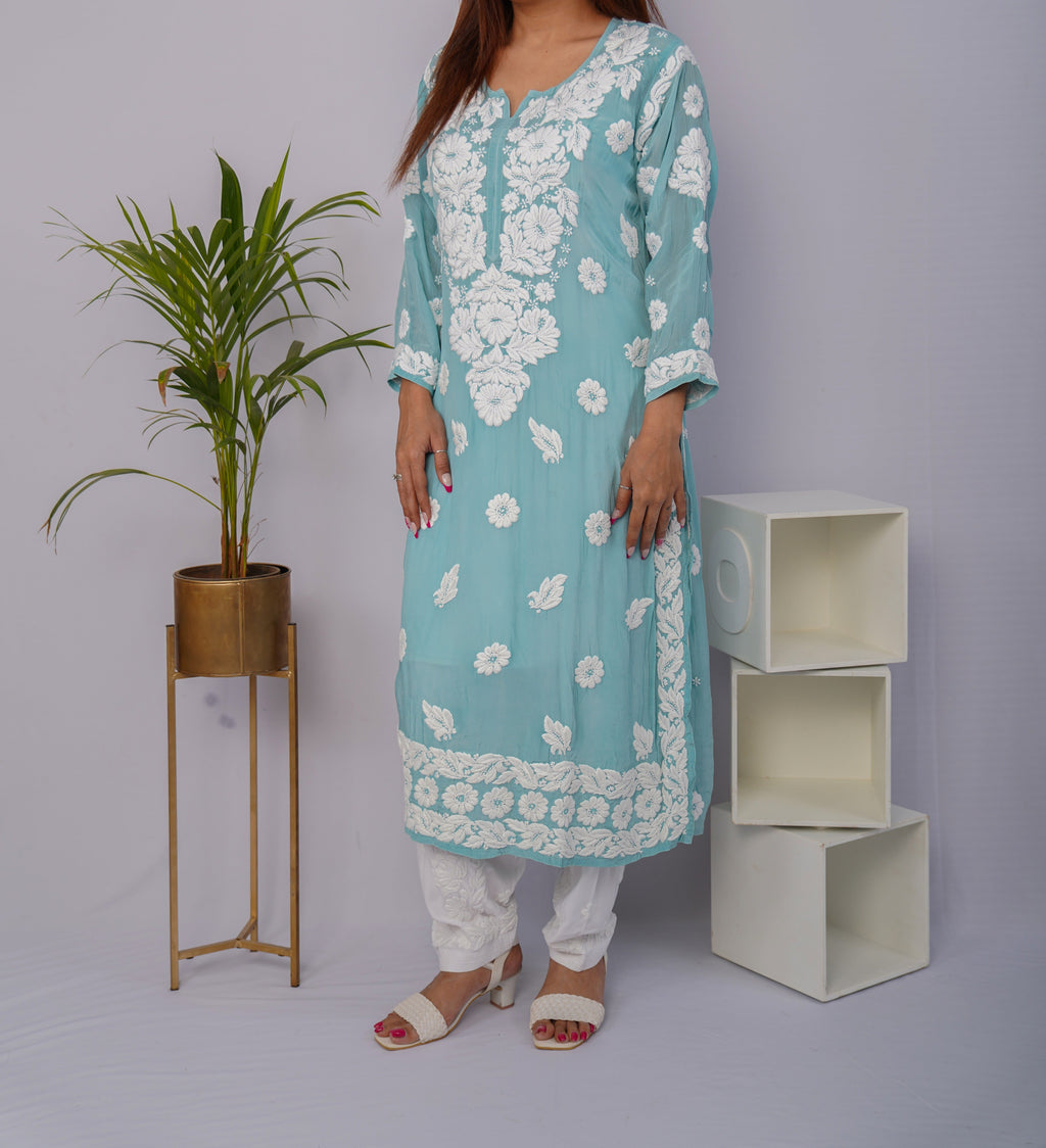 Stunning Turquoise Blue Pure Crepe Kurti with Heavy Chikankari Handwork