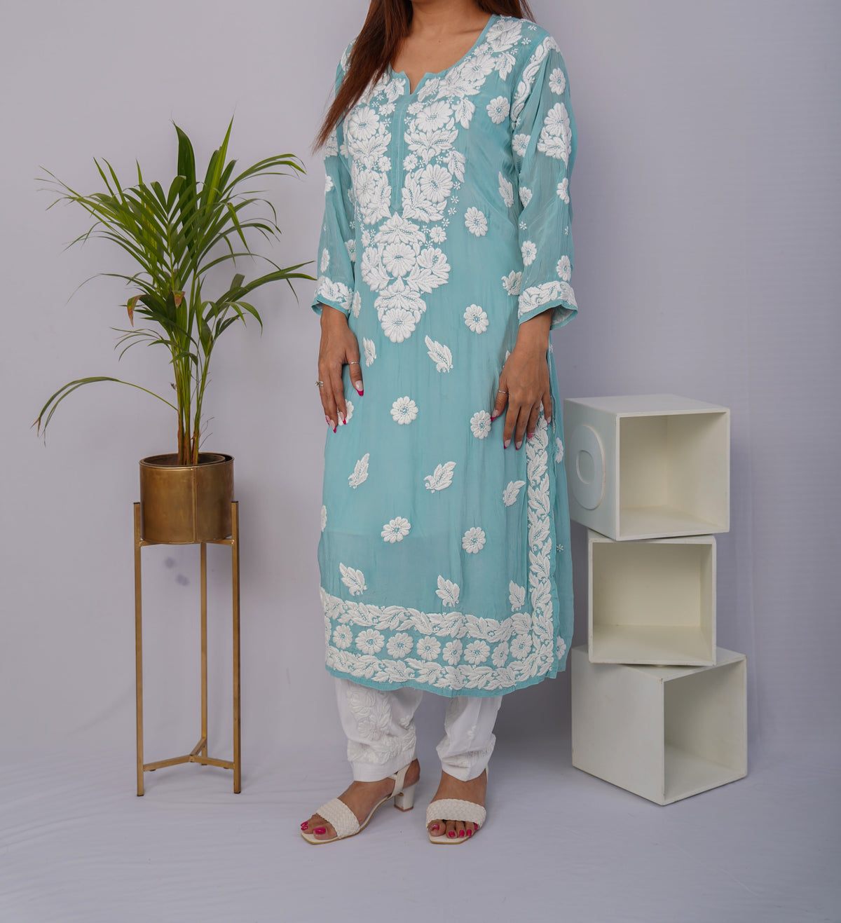 Stunning Turquoise Blue Pure Crepe Kurti with Heavy Chikankari Handwork