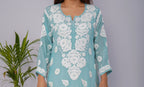 Stunning Turquoise Blue Pure Crepe Kurti with Heavy Chikankari Handwork