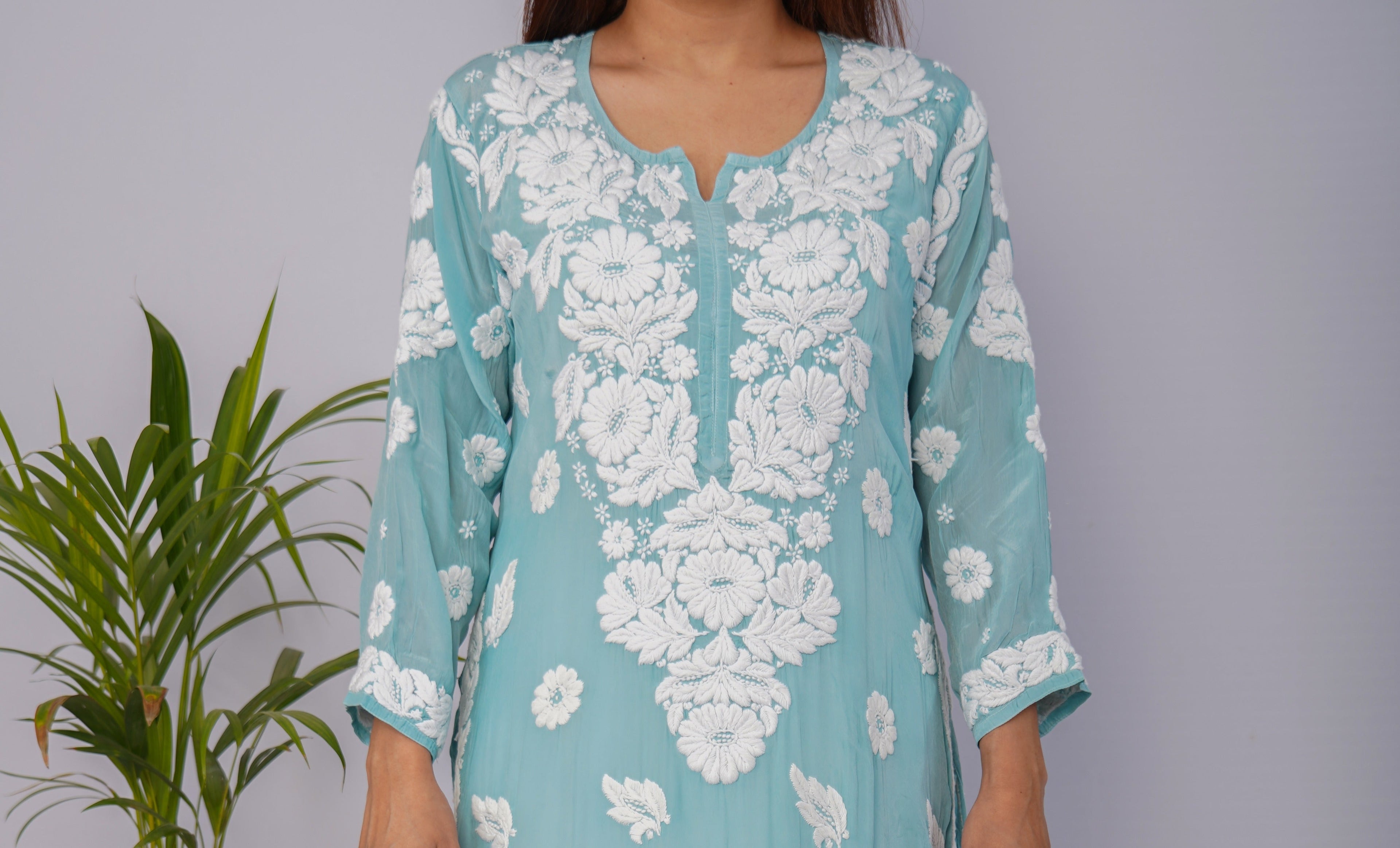 Stunning Turquoise Blue Pure Crepe Kurti with Heavy Chikankari Handwork