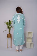 Stunning Turquoise Blue Pure Crepe Kurti with Heavy Chikankari Handwork