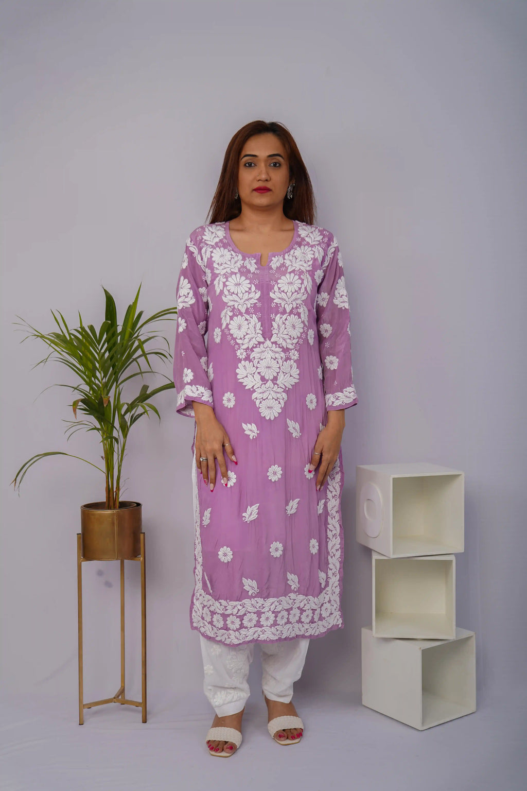 Graceful Lavender Pure Crepe Kurti with Heavy Chikankari Handwork