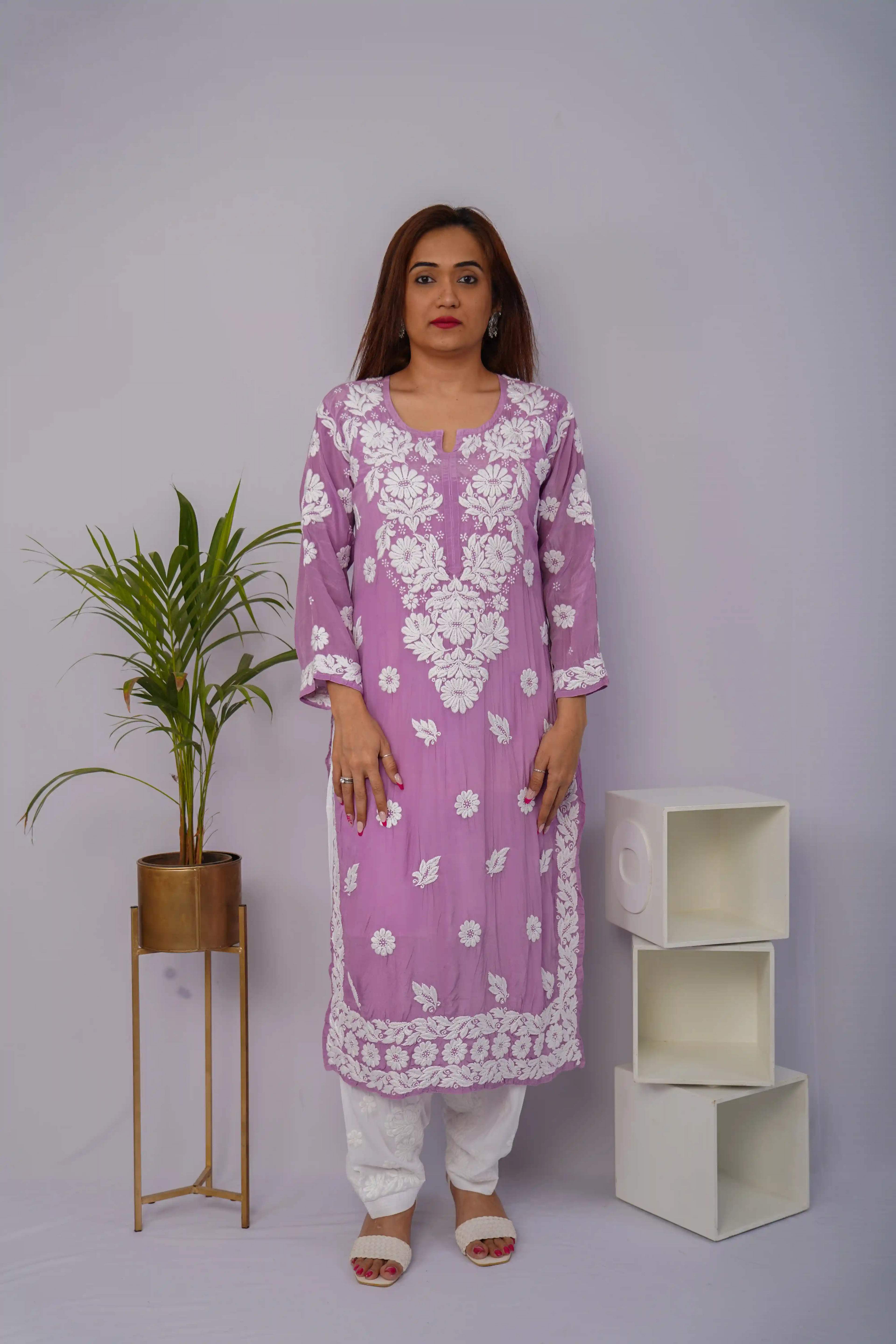 Graceful Lavender Pure Crepe Kurti with Heavy Chikankari Handwork