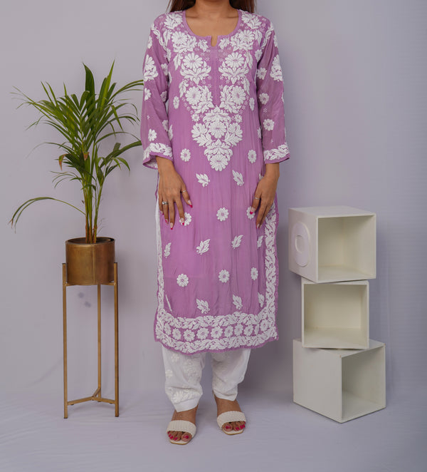 Graceful Lavender Pure Crepe Kurti with Heavy Chikankari Handwork