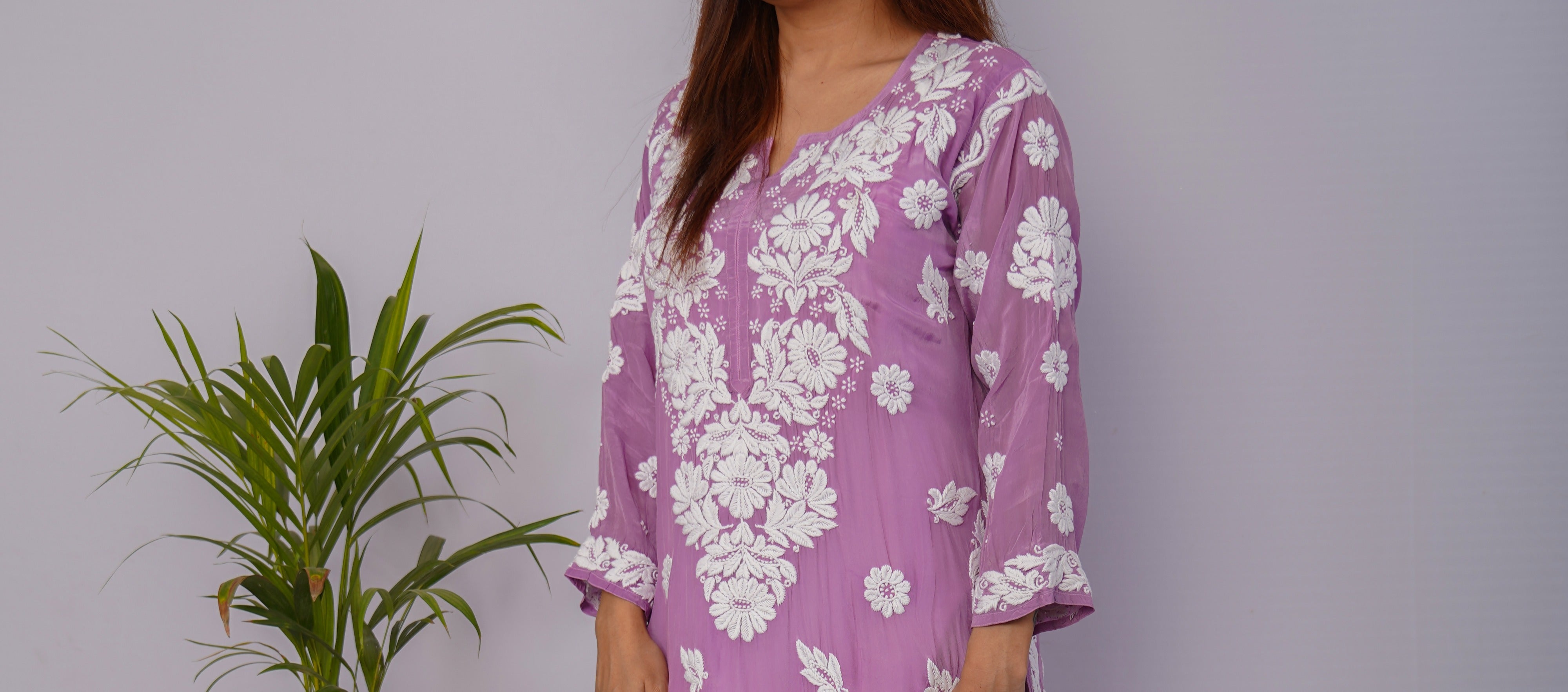 Graceful Lavender Pure Crepe Kurti with Heavy Chikankari Handwork