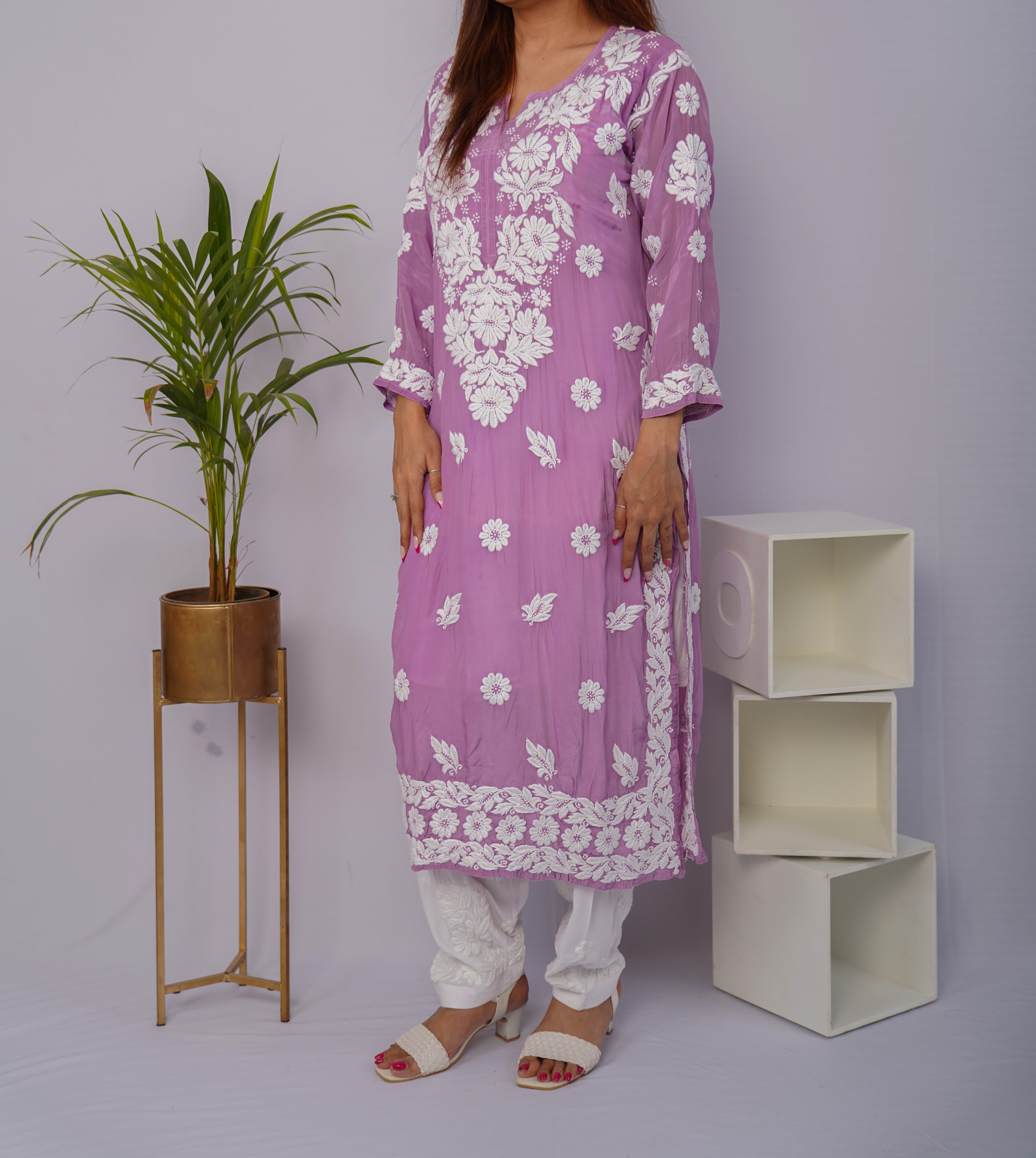 Graceful Lavender Pure Crepe Kurti with Heavy Chikankari Handwork