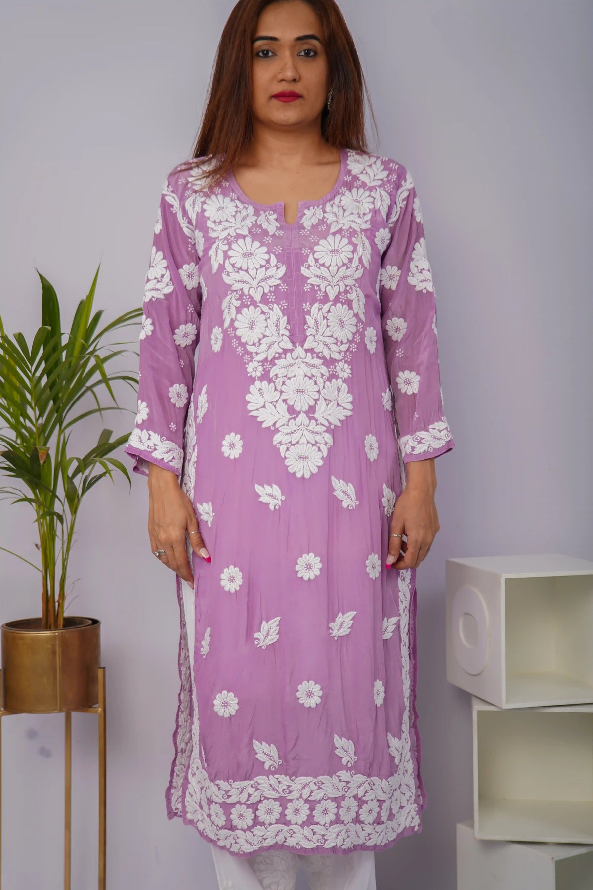Graceful Lavender Pure Crepe Kurti with Heavy Chikankari Handwork