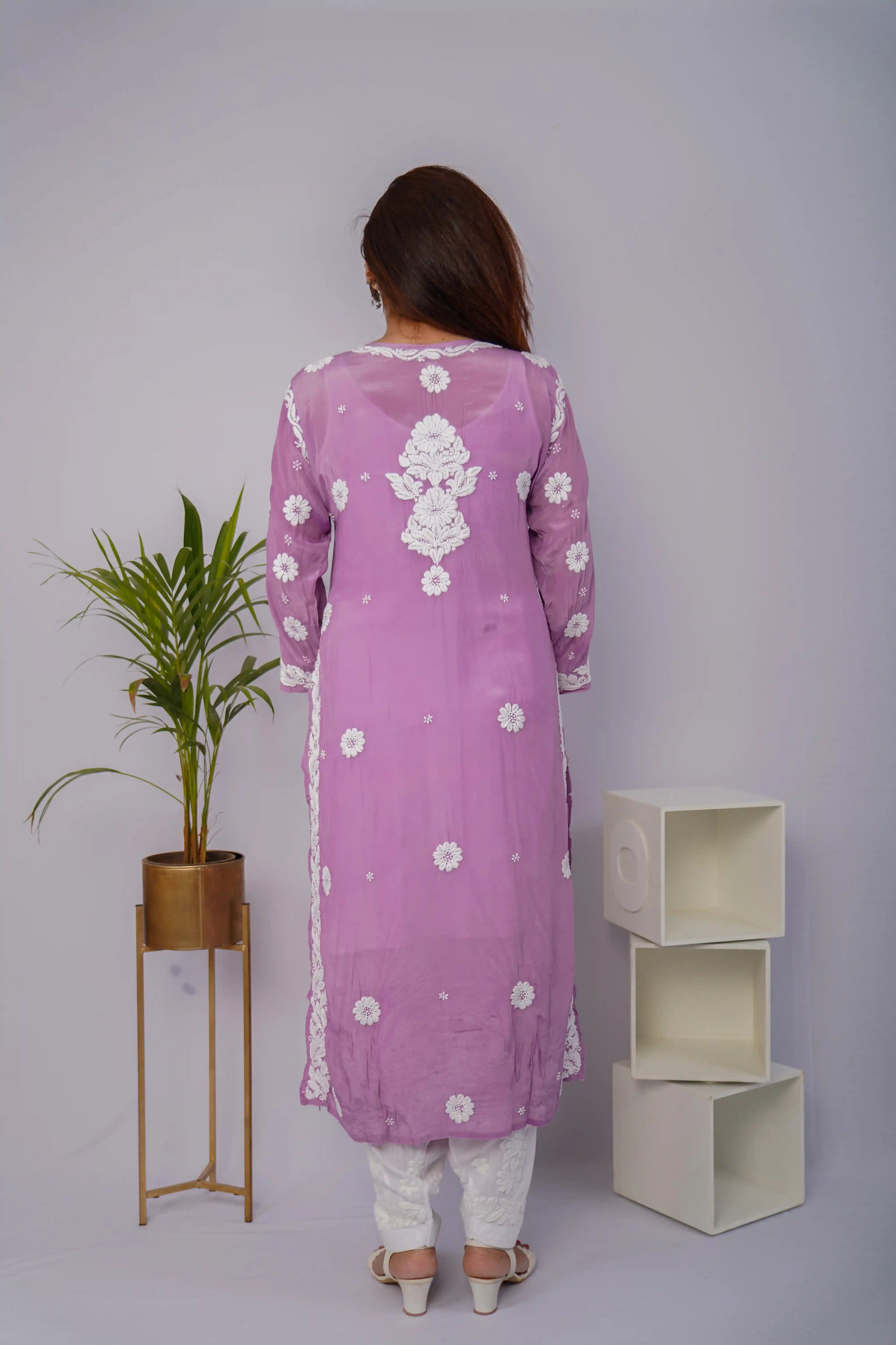 Graceful Lavender Pure Crepe Kurti with Heavy Chikankari Handwork
