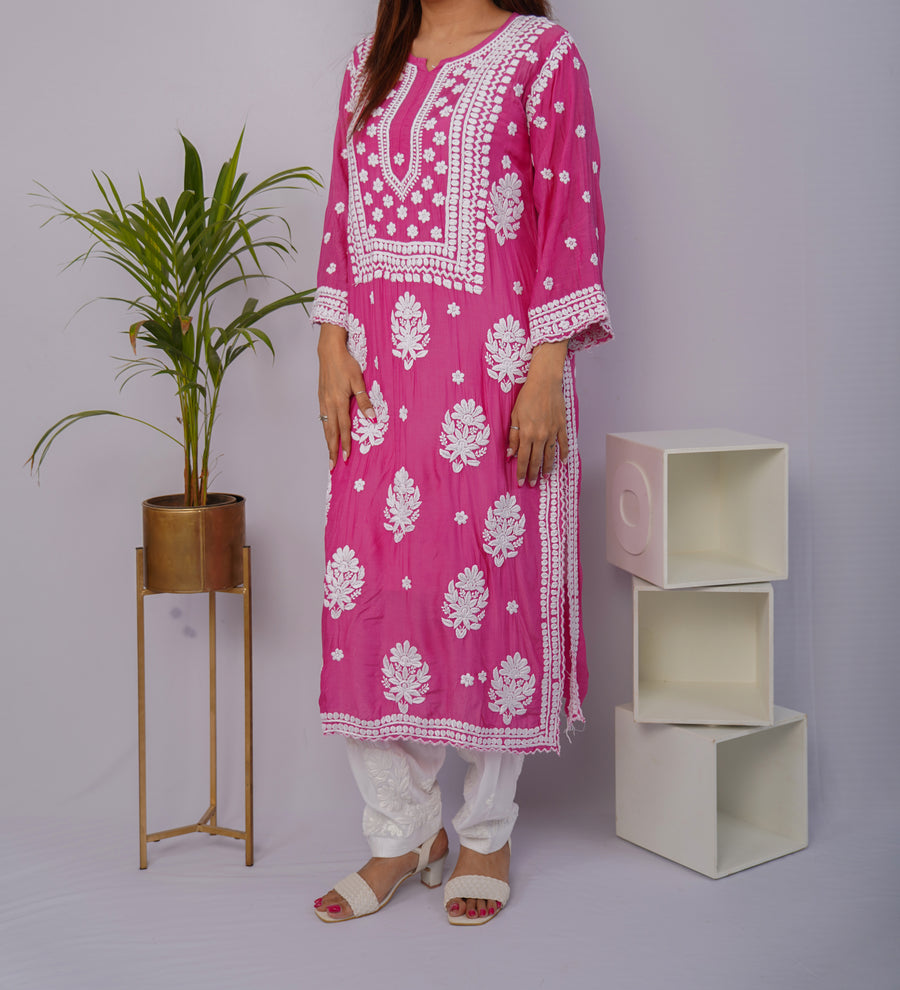 Rose Pink Radiance Premium Muslin Handwork Chikankari Kurti