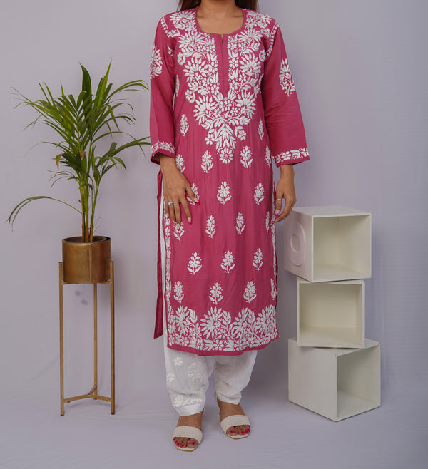 Dusty Rose Roman Silk Chikankari Kurti – Luxe Meets Tradition