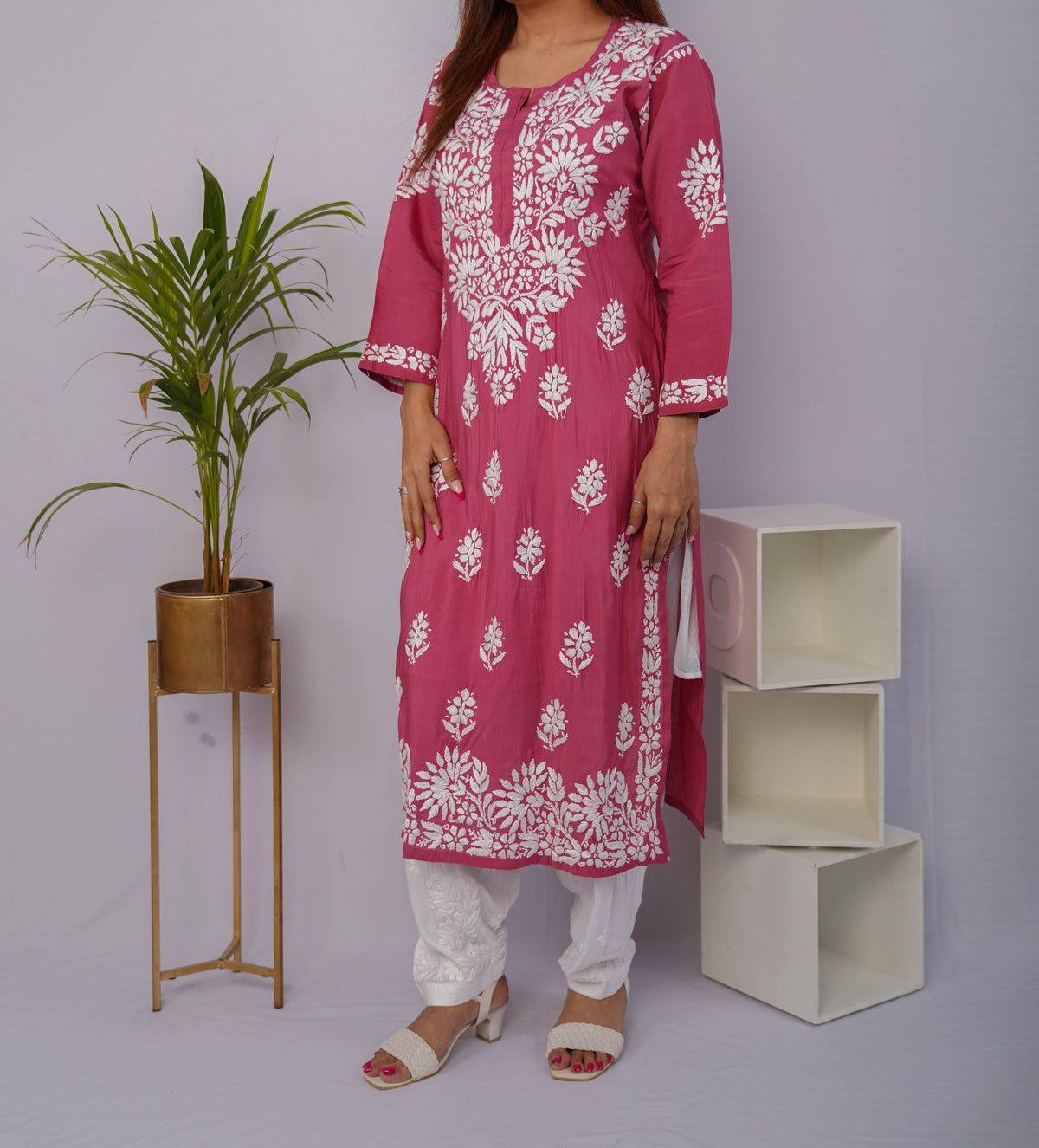 Dusty Rose Roman Silk Chikankari Kurti – Luxe Meets Tradition
