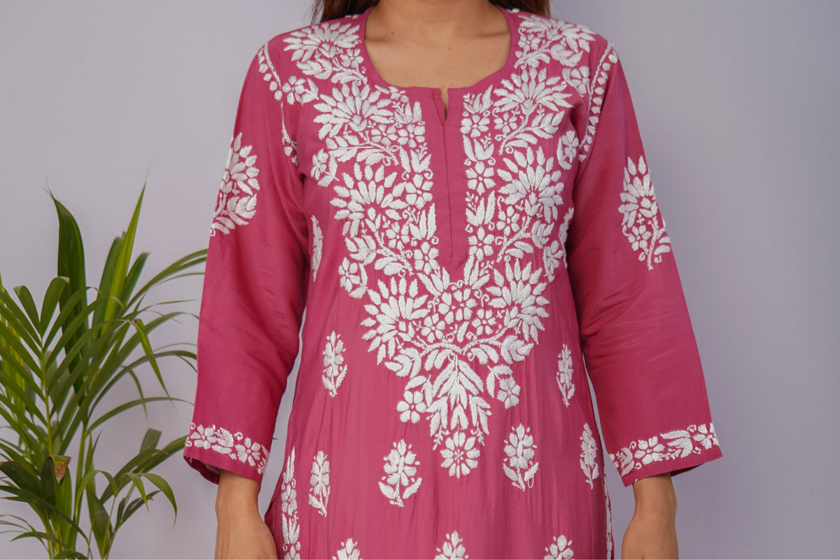 Dusty Rose Roman Silk Chikankari Kurti – Luxe Meets Tradition