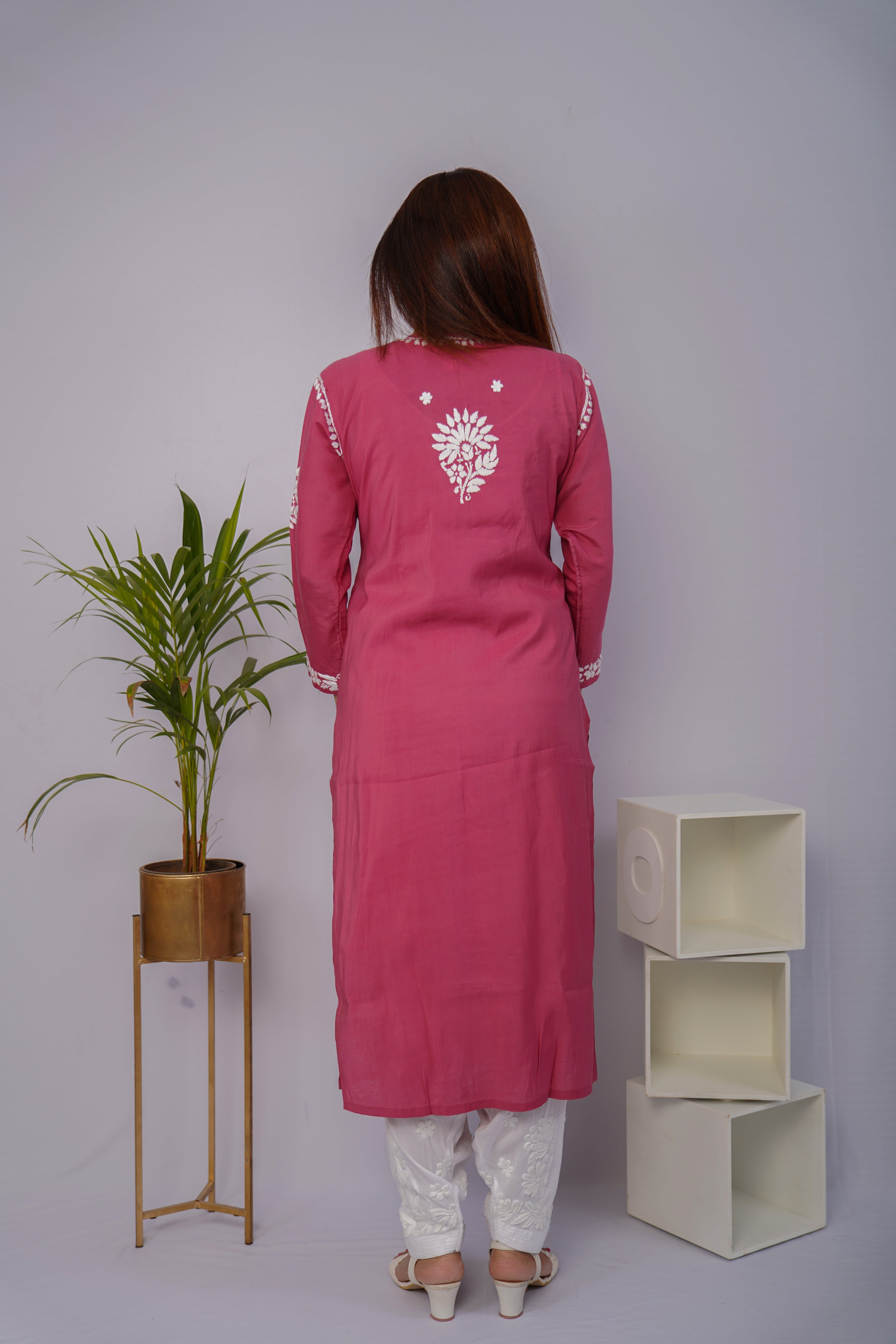 Dusty Rose Roman Silk Chikankari Kurti – Luxe Meets Tradition