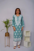 Sea Green Roman Silk Chikankari Kurti