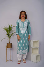 Sea Green Roman Silk Chikankari Kurti