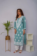Sea Green Roman Silk Chikankari Kurti