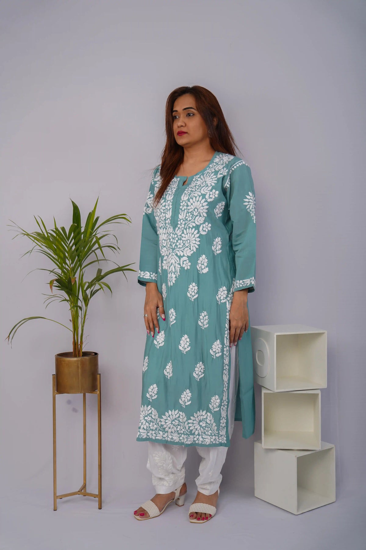 Sea Green Roman Silk Chikankari Kurti