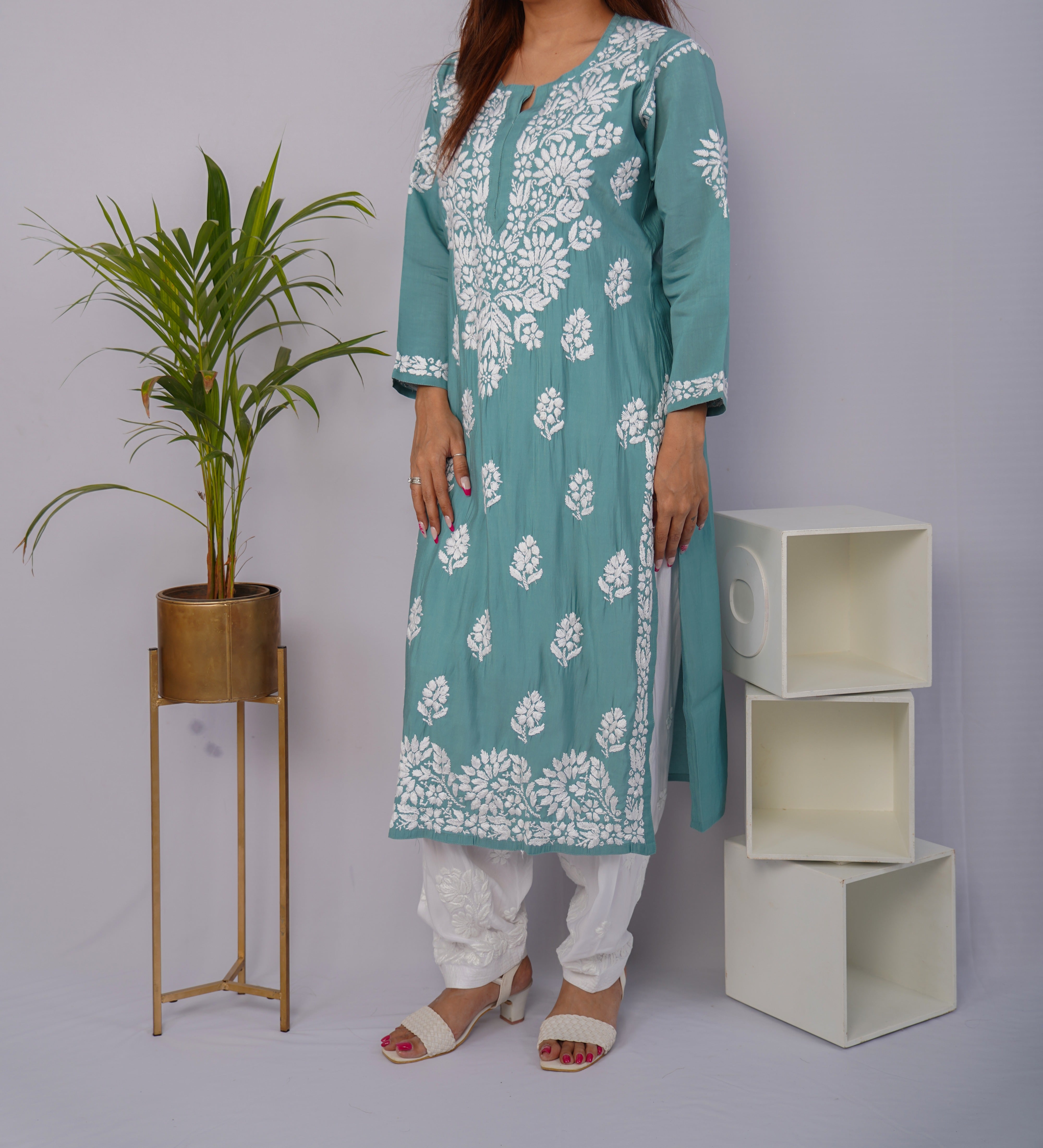 Sea Green Roman Silk Chikankari Kurti