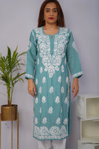 Sea Green Roman Silk Chikankari Kurti