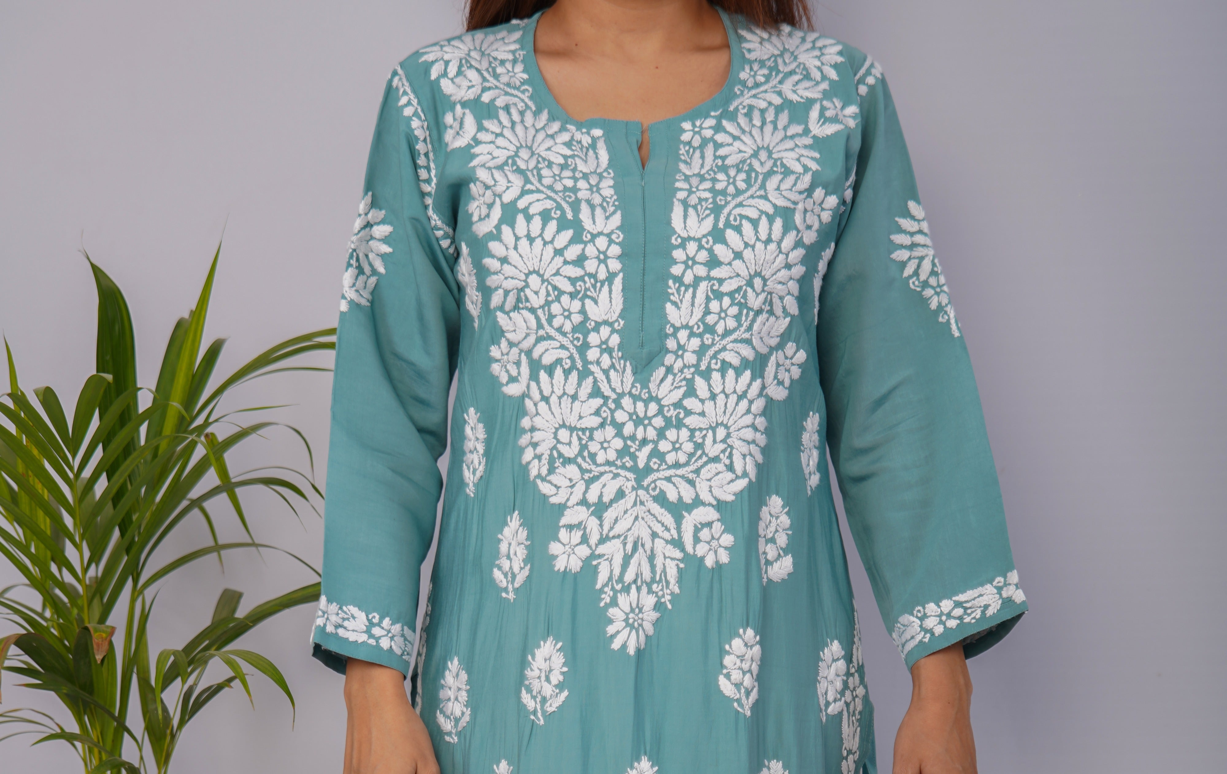 Sea Green Roman Silk Chikankari Kurti