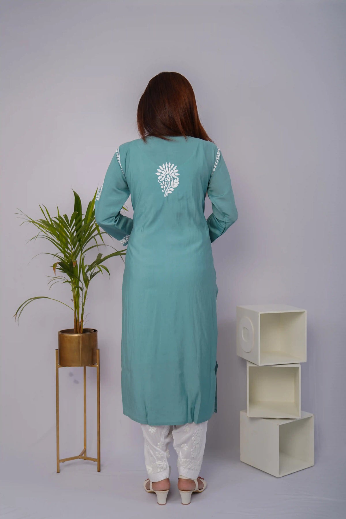 Sea Green Roman Silk Chikankari Kurti
