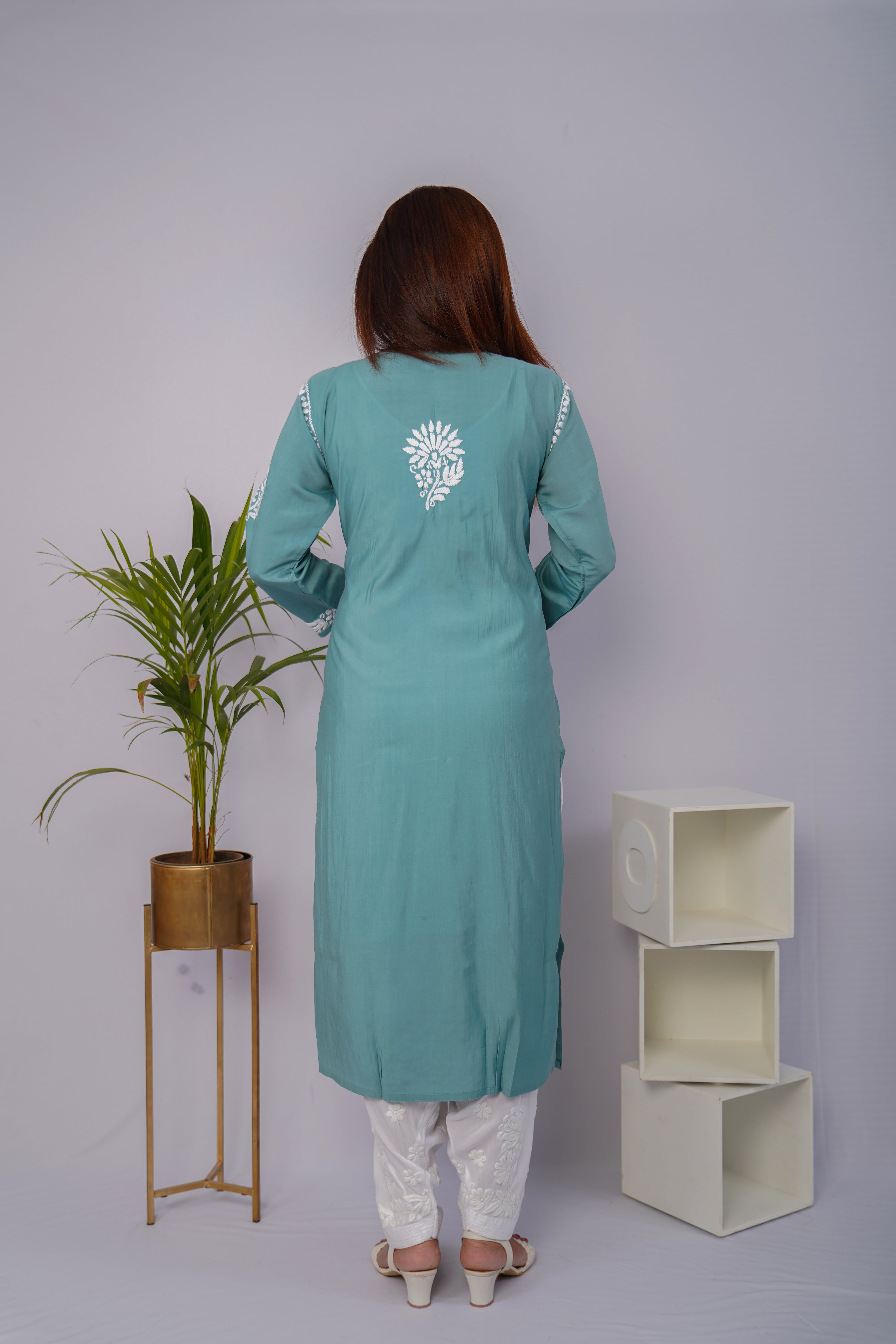 Sea Green Roman Silk Chikankari Kurti
