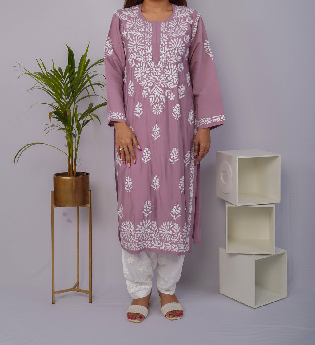 Dusty Lavender Roman Silk Chikankari Kurti