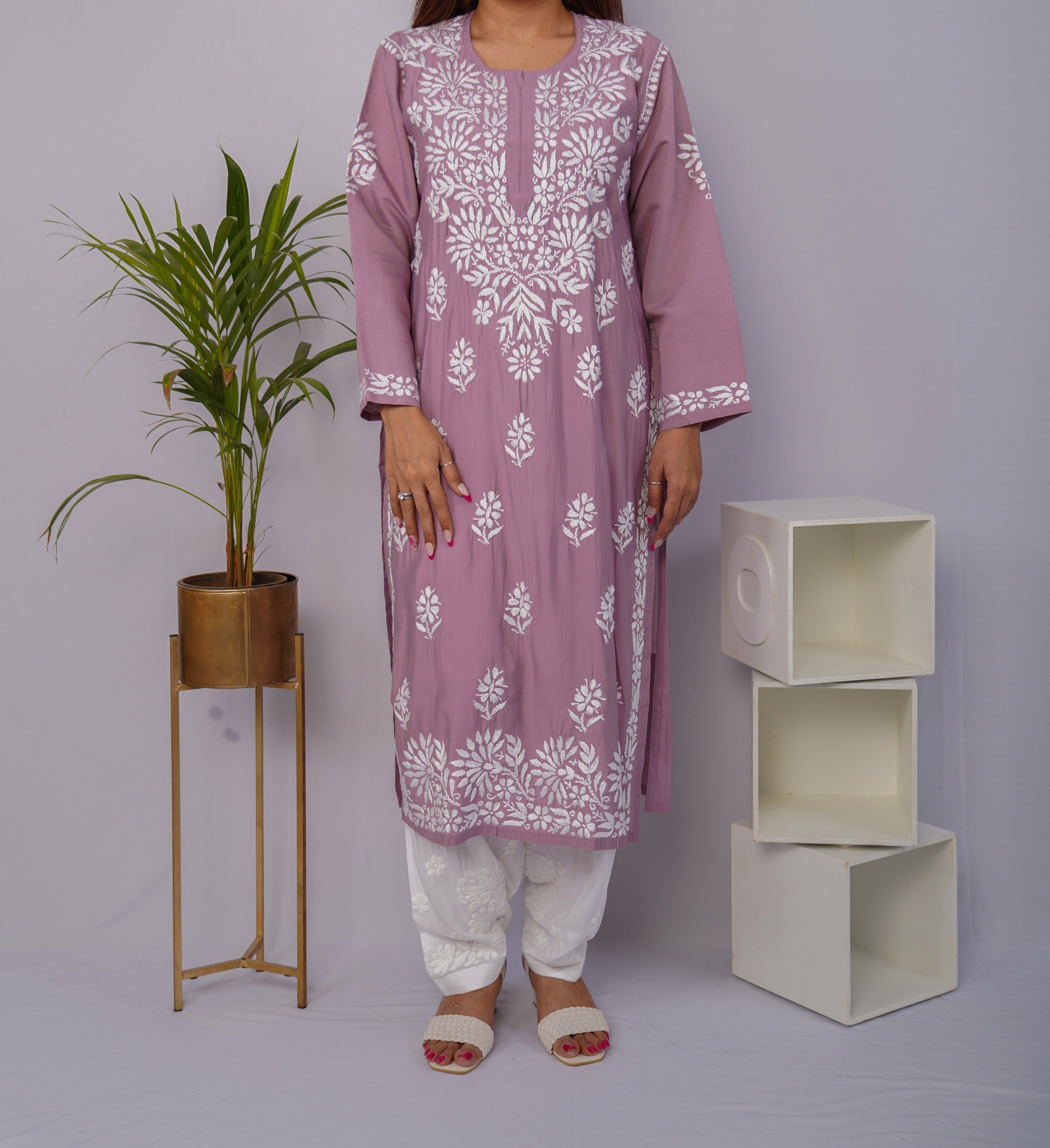 Dusty Lavender Roman Silk Chikankari Kurti