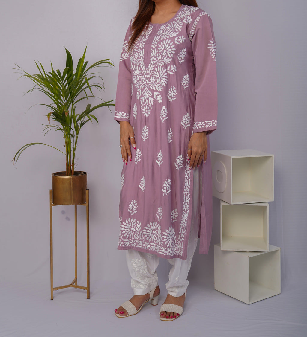 Dusty Lavender Roman Silk Chikankari Kurti