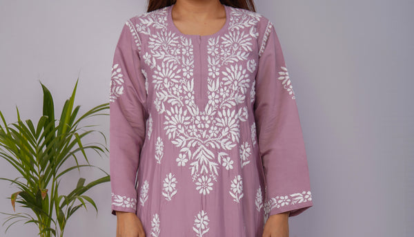 Dusty Lavender Roman Silk Chikankari Kurti
