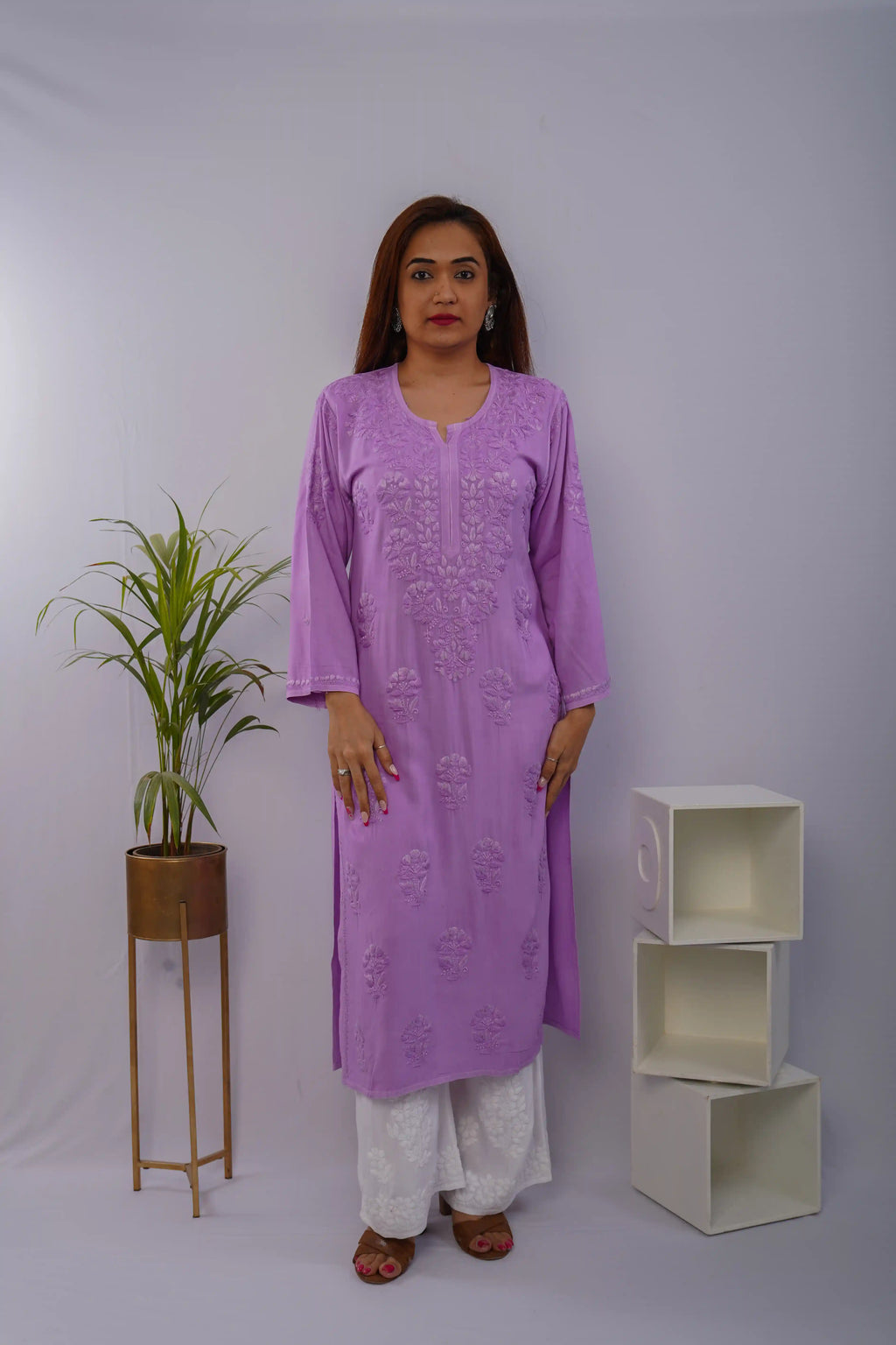 Purple Heavy Rayon Kurti with Handcrafted Chikankari Self Work