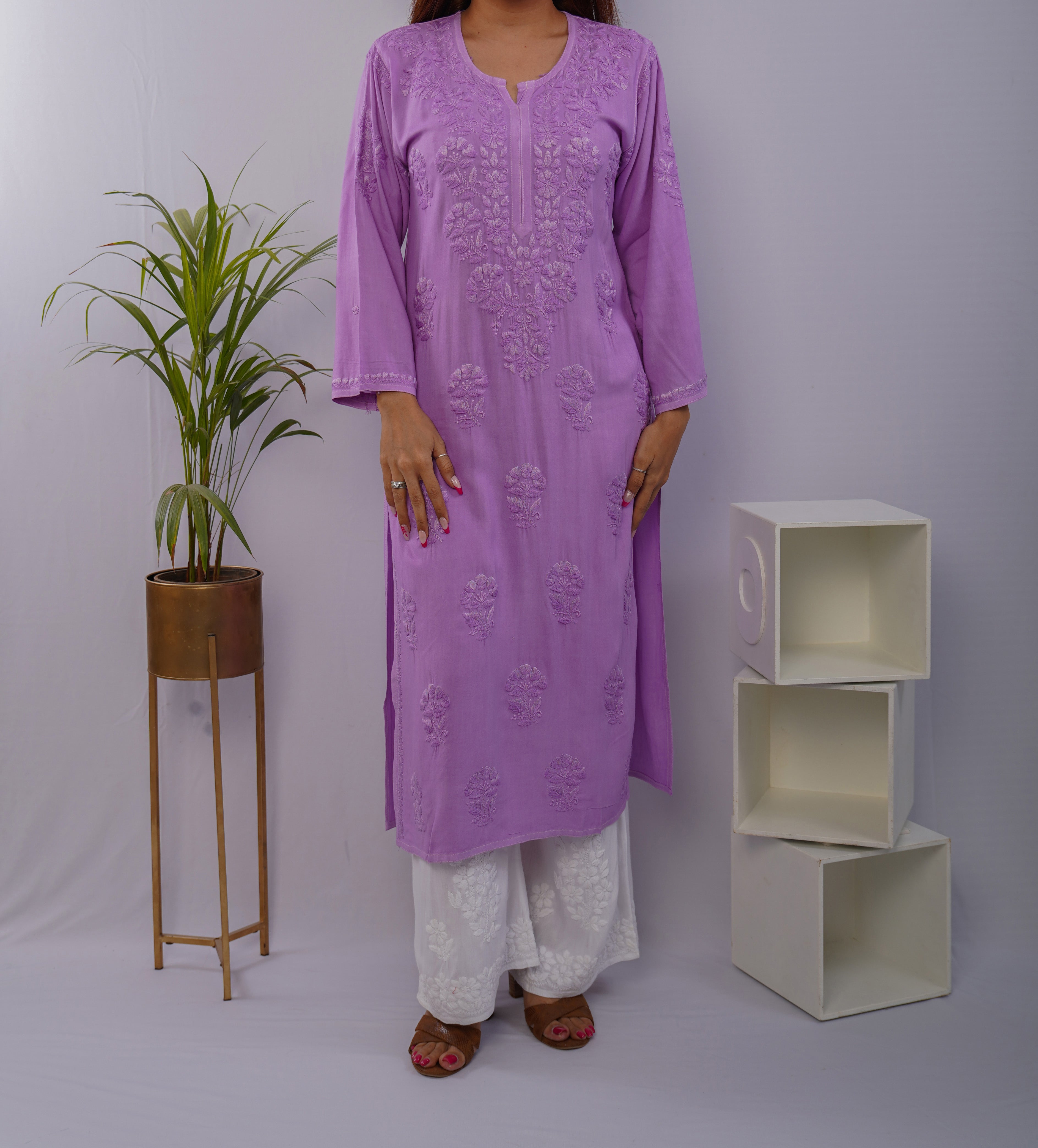 Purple Heavy Rayon Kurti with Handcrafted Chikankari Self Work