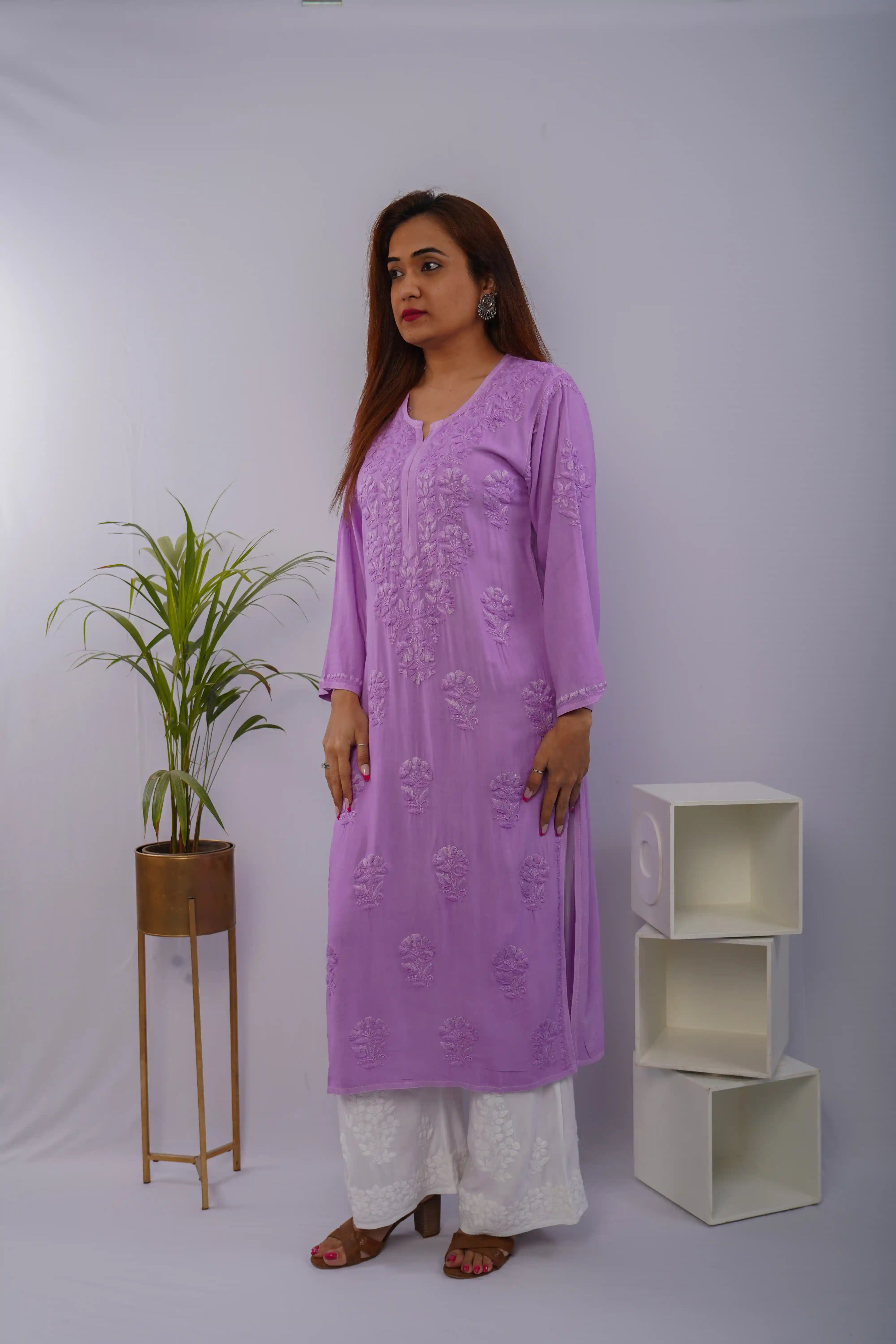 Purple Heavy Rayon Kurti with Handcrafted Chikankari Self Work