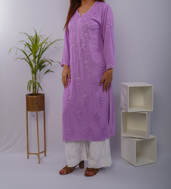 Purple Heavy Rayon Kurti with Handcrafted Chikankari Self Work