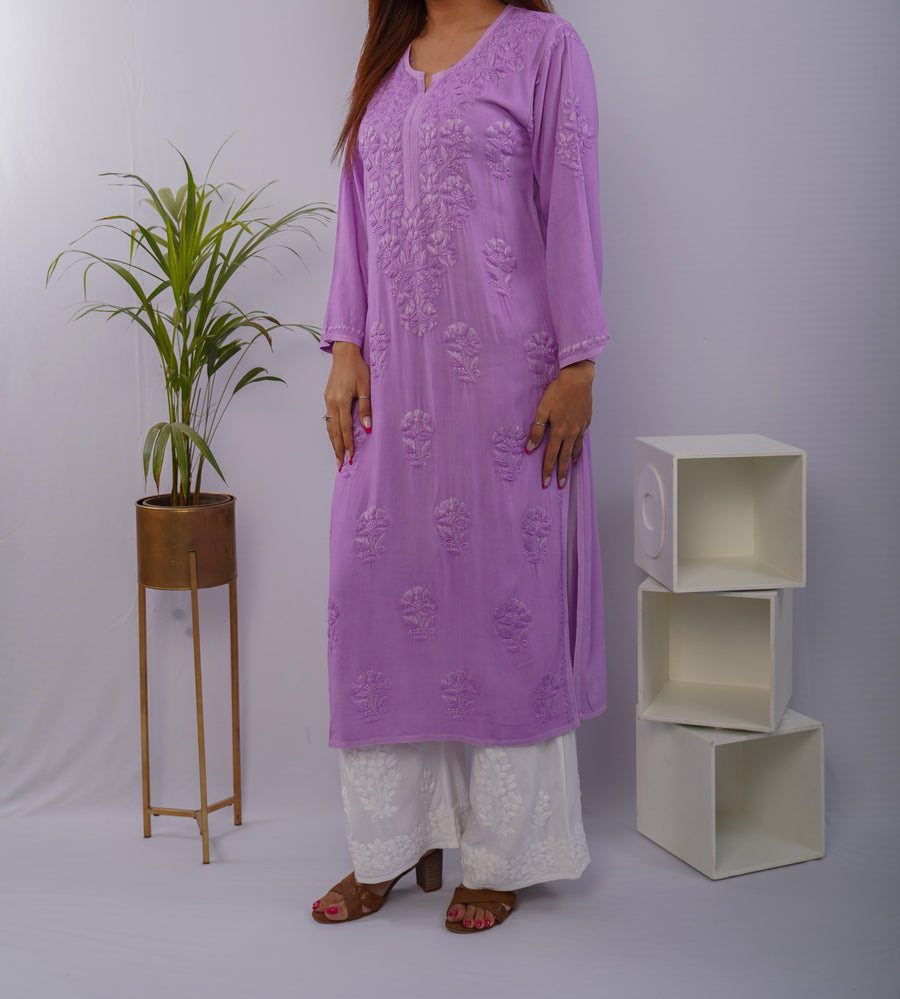 Purple Heavy Rayon Kurti with Handcrafted Chikankari Self Work
