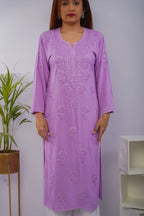 Purple Heavy Rayon Kurti with Handcrafted Chikankari Self Work