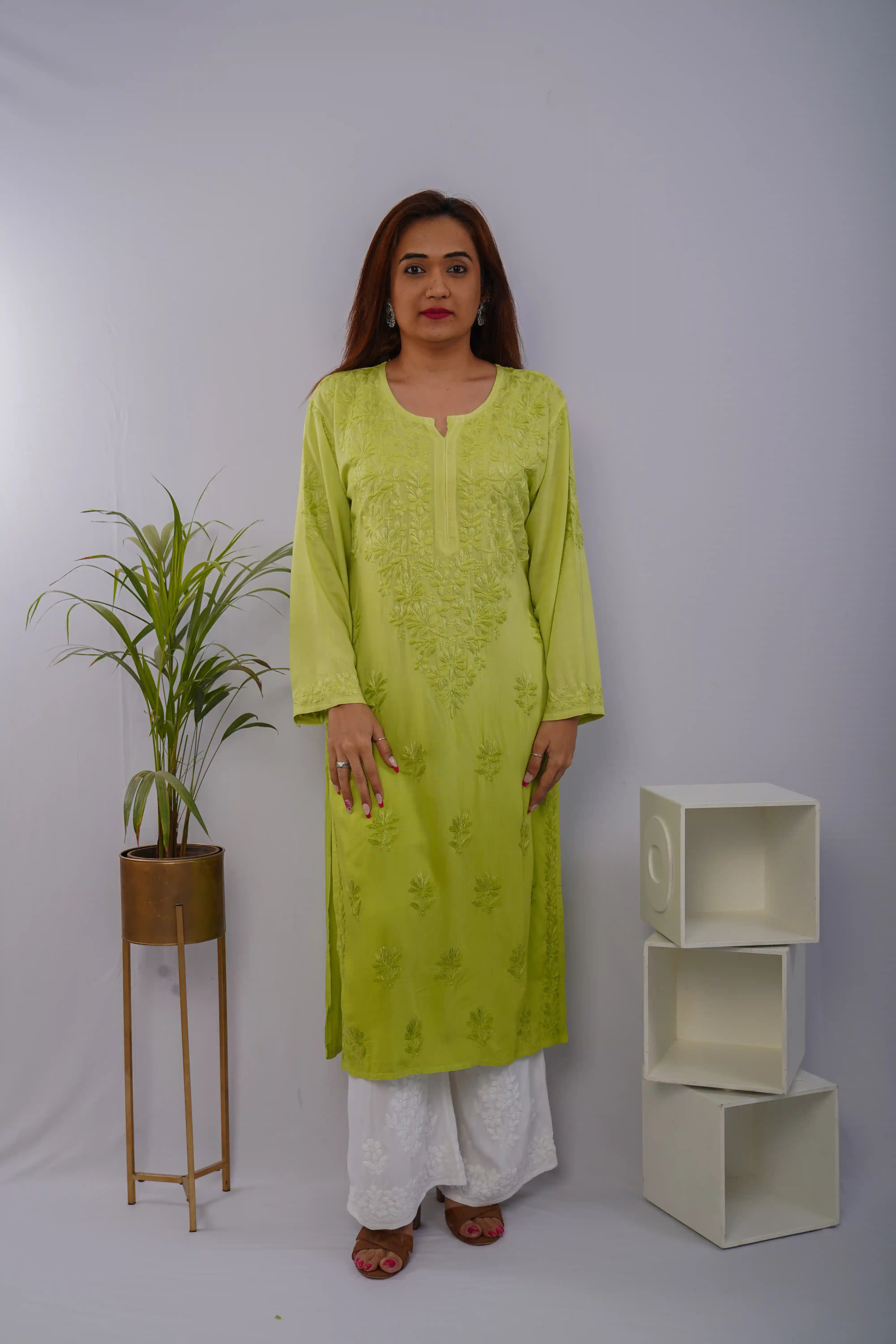 Neon Green Heavy Rayon Kurti with Resham Thread Chikankari Handwork