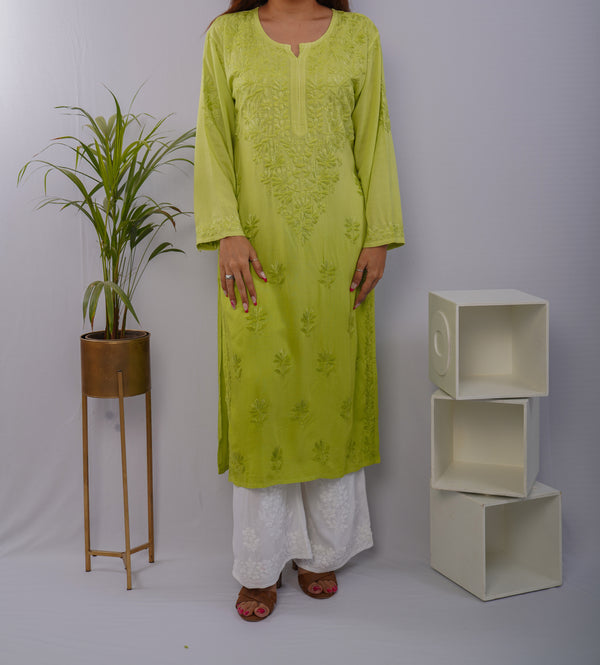 Neon Green Heavy Rayon Kurti with Resham Thread Chikankari Handwork