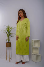 Neon Green Heavy Rayon Kurti with Resham Thread Chikankari Handwork