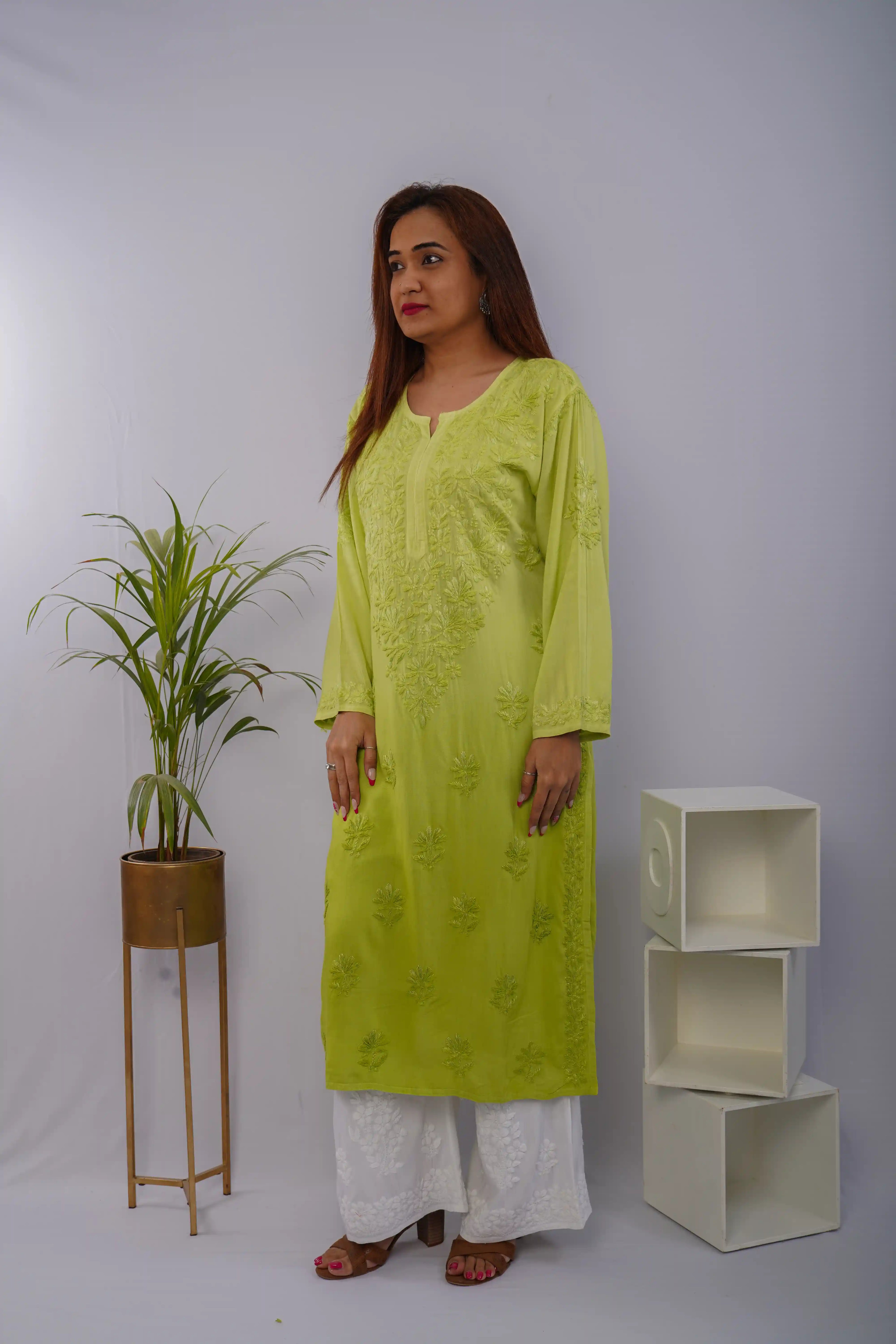 Neon Green Heavy Rayon Kurti with Resham Thread Chikankari Handwork