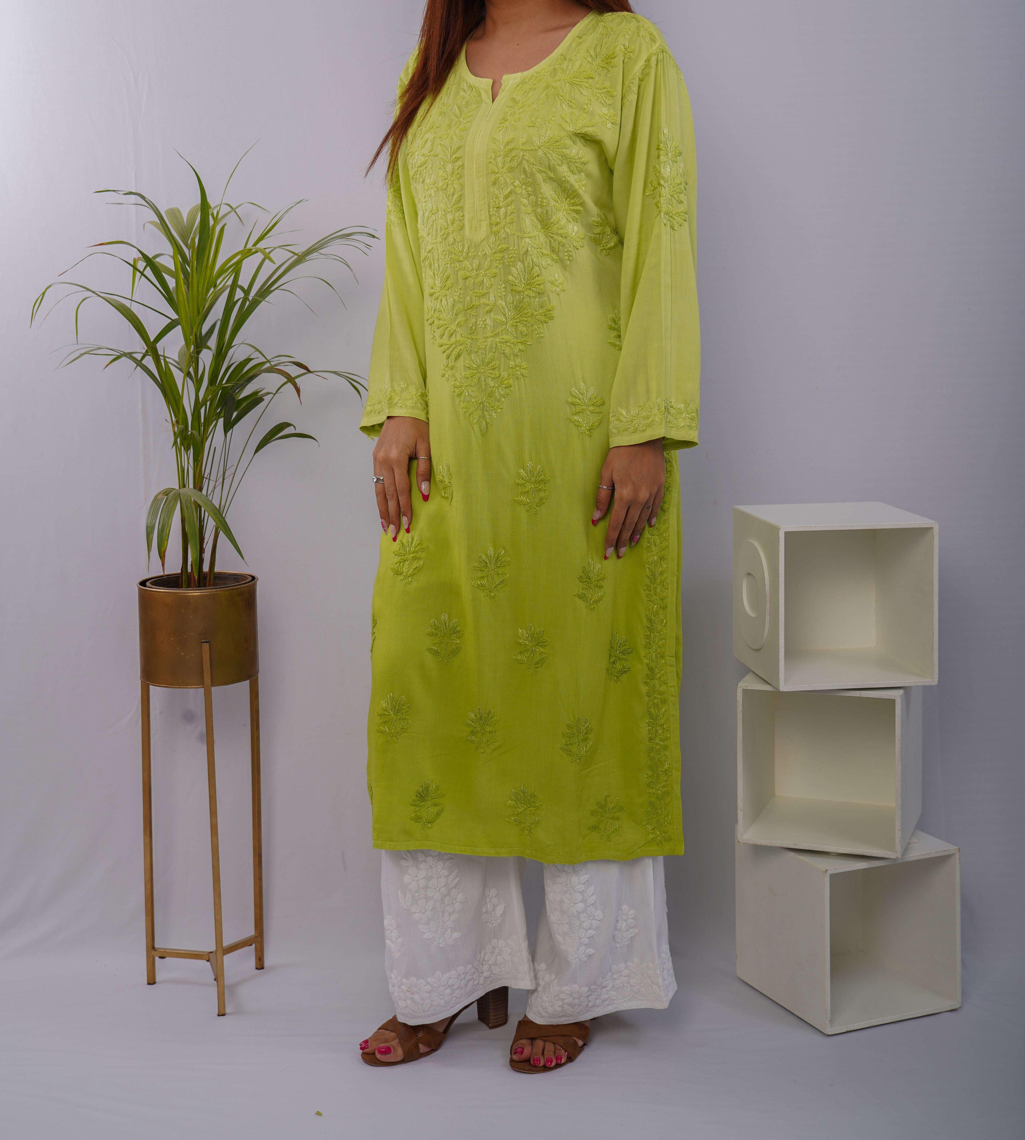 Neon Green Heavy Rayon Kurti with Resham Thread Chikankari Handwork