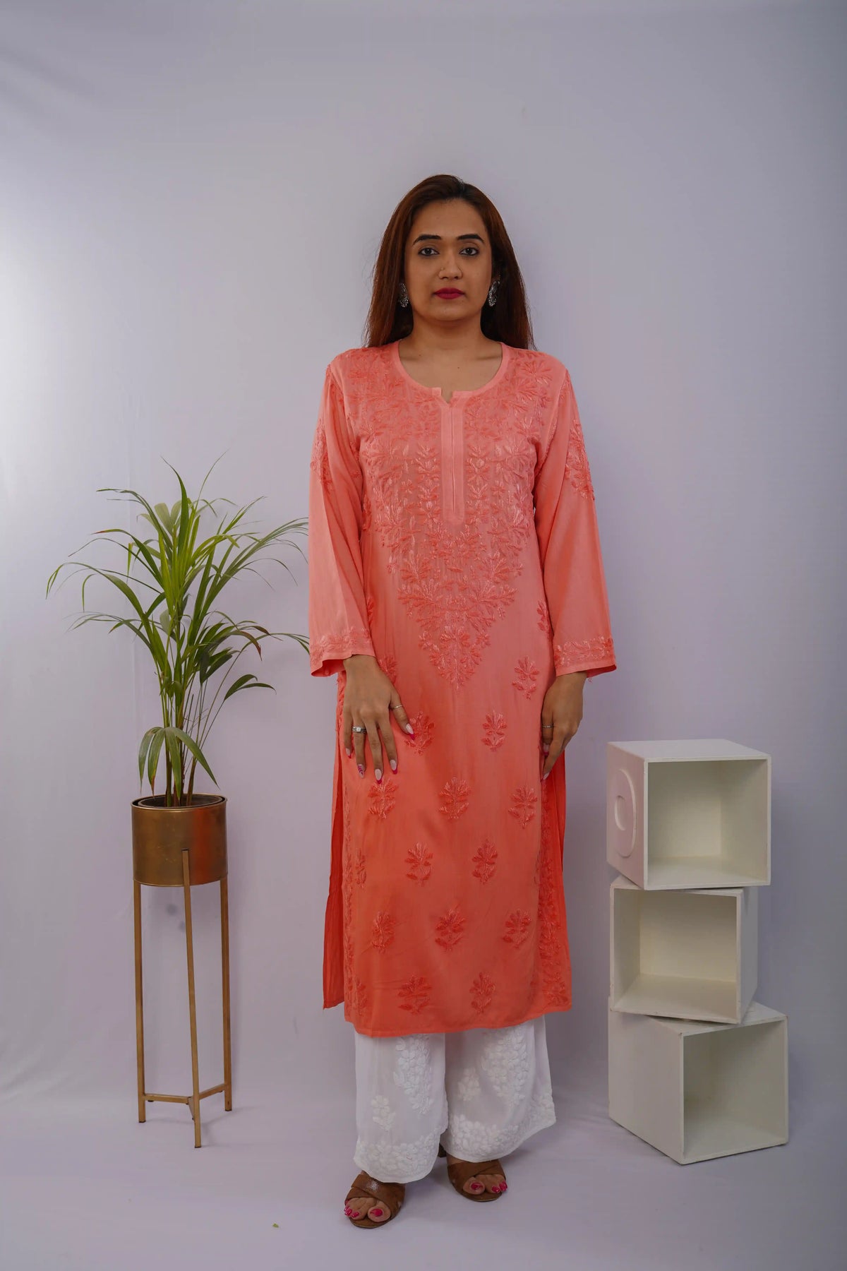 Peach Orange Heavy Rayon Kurti with Resham Thread Chikankari Handwork