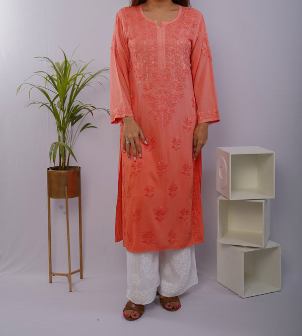 Peach Orange Heavy Rayon Kurti with Resham Thread Chikankari Handwork