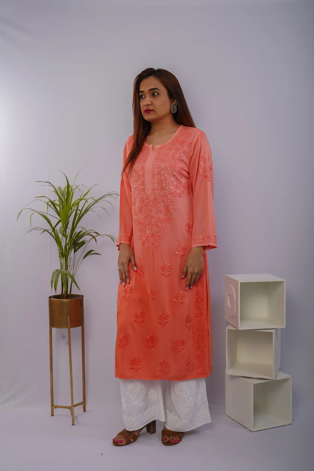 Peach Orange Heavy Rayon Kurti with Resham Thread Chikankari Handwork