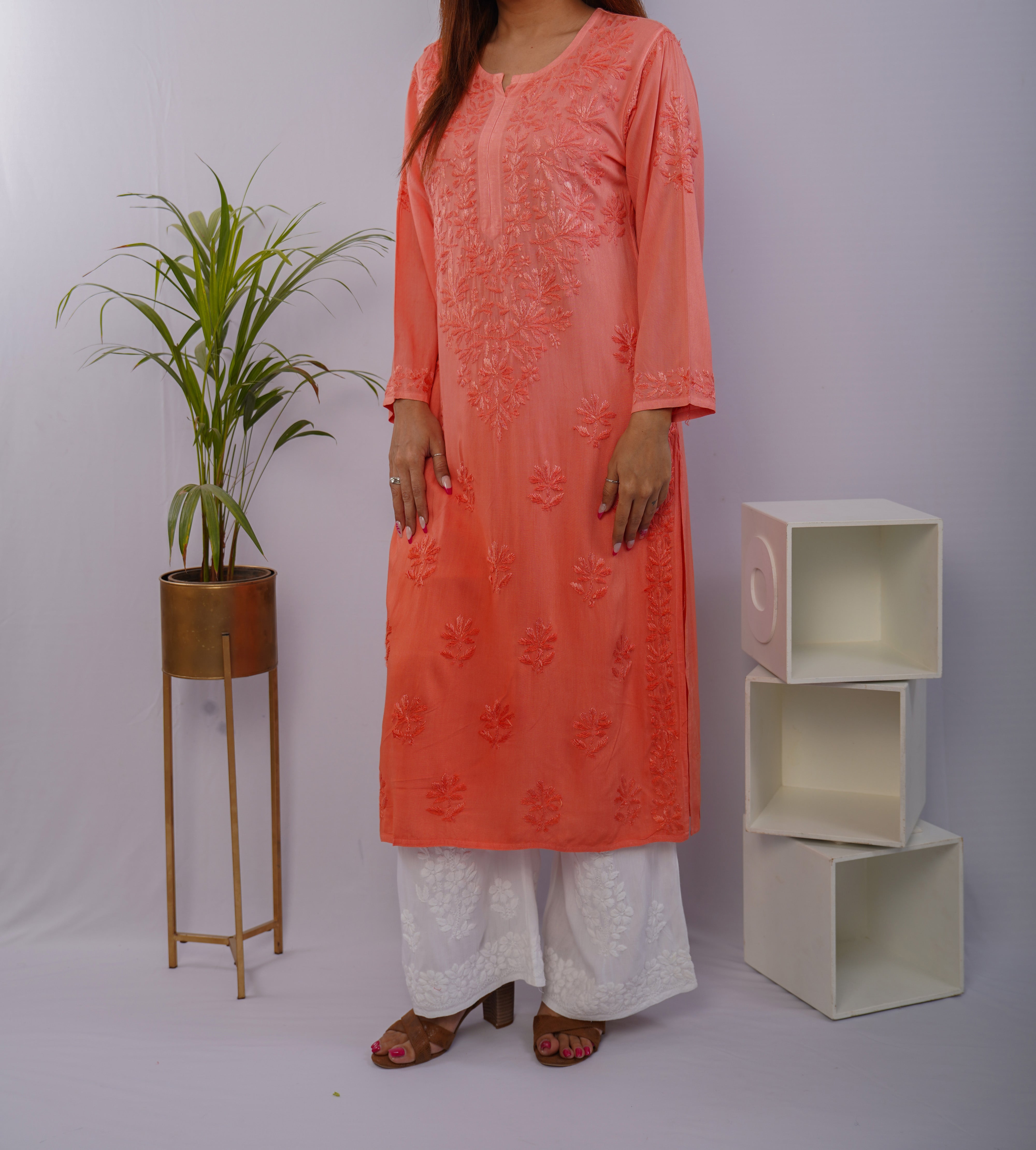 Peach Orange Heavy Rayon Kurti with Resham Thread Chikankari Handwork