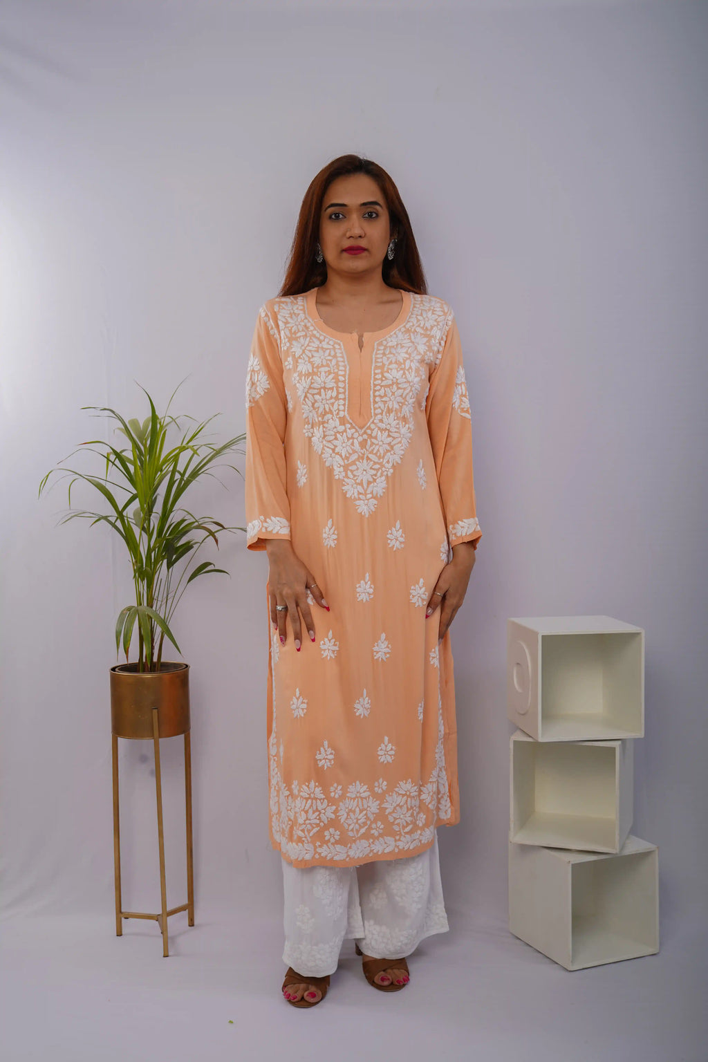 Peach Heavy Rayon Kurti with White Chikankari Handwork