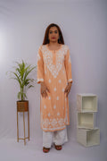 Peach Heavy Rayon Kurti with White Chikankari Handwork