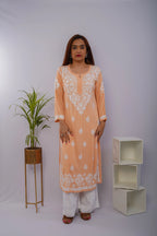 Peach Heavy Rayon Kurti with White Chikankari Handwork